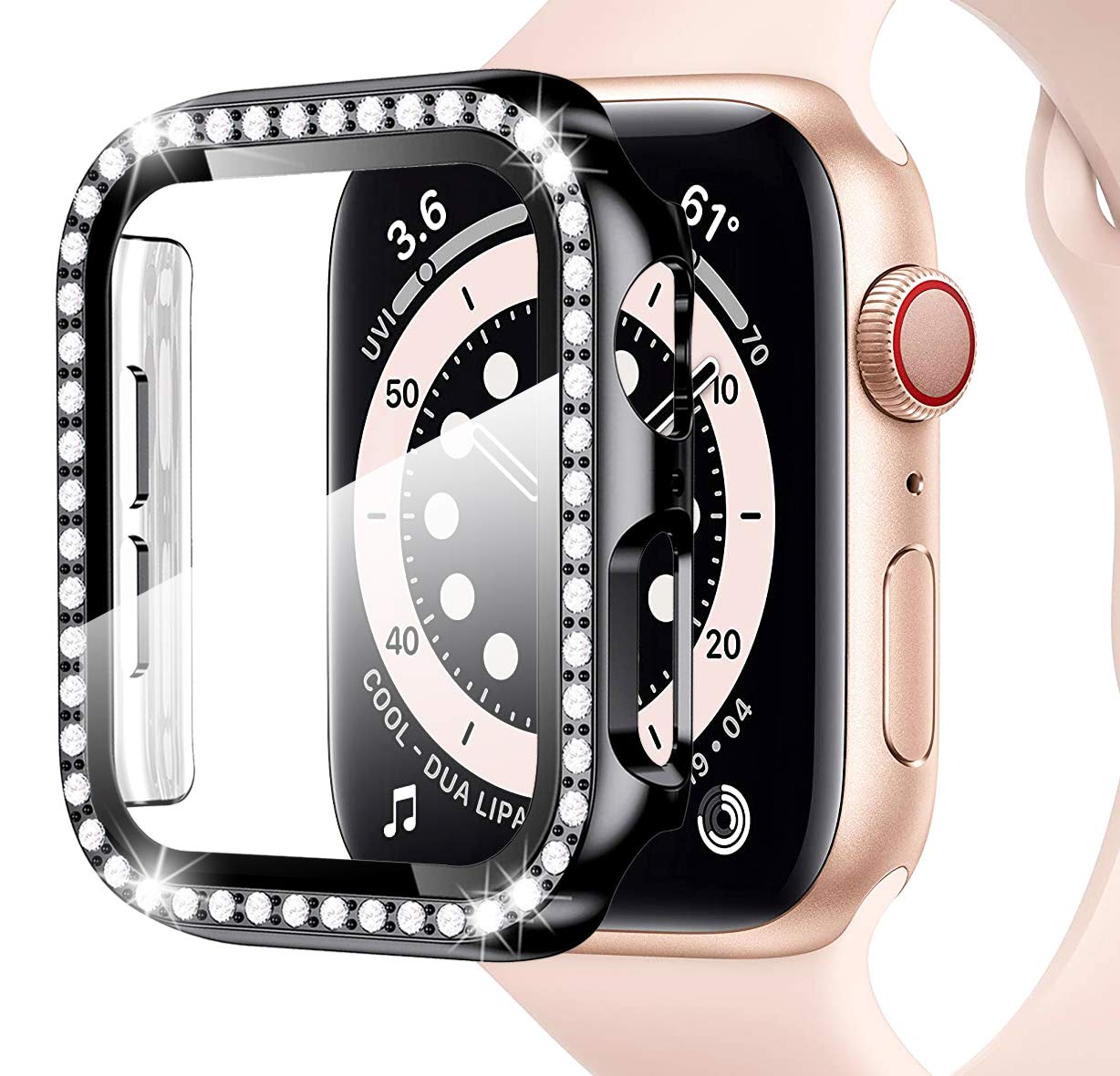 Miimall Bling Case Compatible for Apple Watch SE Series 6/5/4 44mm, PC Case with Tempered Glass Screen Protector&Crystal Diamonds, Ultra-Thin Full Protective Woman Cover for iWatch 44mm-Black