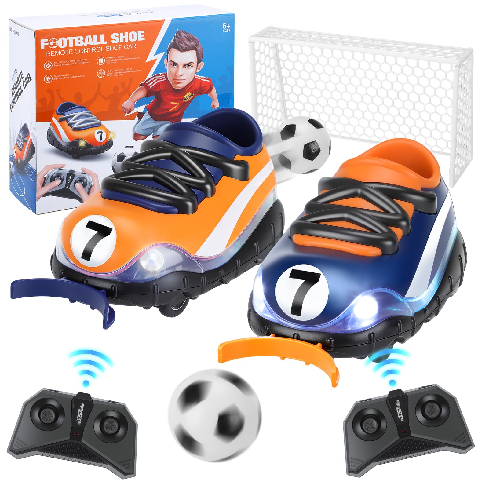2 Pack Remote Control Car Soccer Shoes Remote Control Bumper Car with Mini Football Goal Light Effects RC Race Vehicles Playset for 3 4 5 6 7 8 Year Old Kids Boys Girls Chirstmas Birthday Present