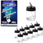 Master Airbrush Pack of 10, TB-002 Empty 3/4 oz. (22cc) Glass Jar Bottles | 30&deg; Down Angle Adaptor Lid Assembly - Fits Dual-Action Siphon Feed Airbrushes, Use with Master, Badger, Paasche, Iwata
