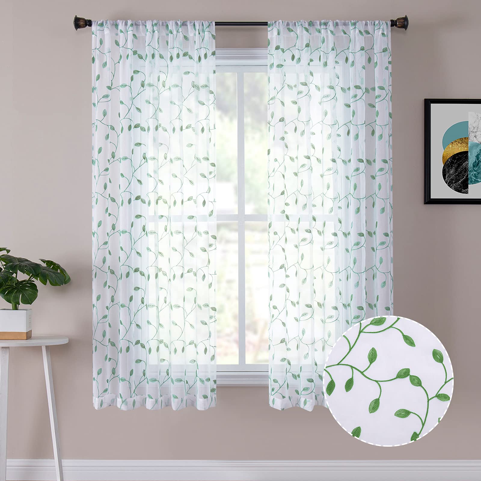 Tollpiz Leaves Short Sheer Curtains Green Leaf Embroidery Bedroom Curtain Rod Pocket Voile Faux Linen Embroidered Leaves Curtains for Living Room, 54 x 45 inches Long, Set of 2 Panels