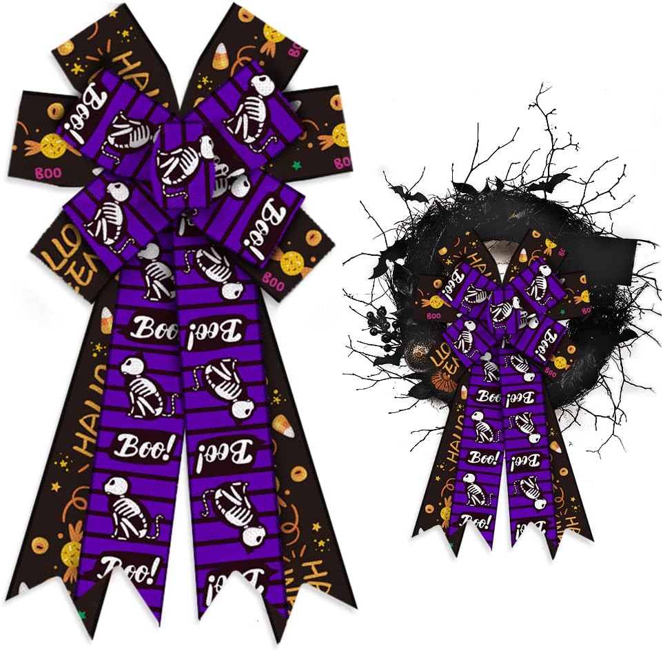 Bows & Ribbons - ALIBBON Large Halloween Bows for Wreaths, Halloween Wreath Bows, Black Purple Bows, Skeleton Cat Candy Bows for Front Door, Halloween Decor, Burlap Bows for Wreath Indoor Outdoor Wall Decorations