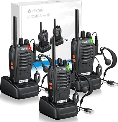 eSynic 3Pack Professional Walkie Talkies 16CH Rechargeable VOX Earpieces LED