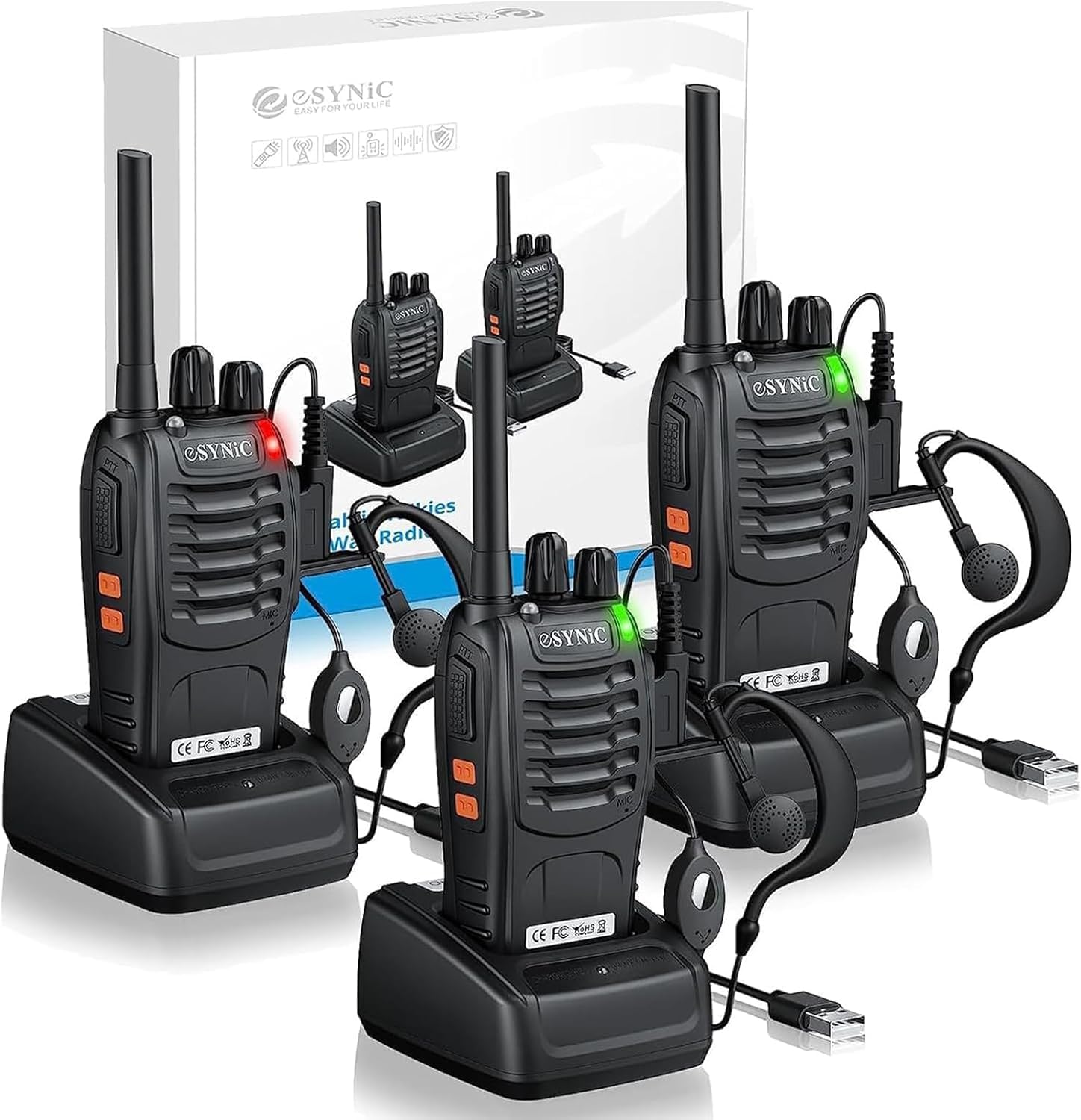 eSynic 3Pack Professional Walkie Talkies for Adults Rechargeable Walkie Talkies Best 16CH Walkie Talkie Hand Free VOX Two Way Radio With Earpieces& LED Lights Wonderful Gifts For Adults Kids etc
