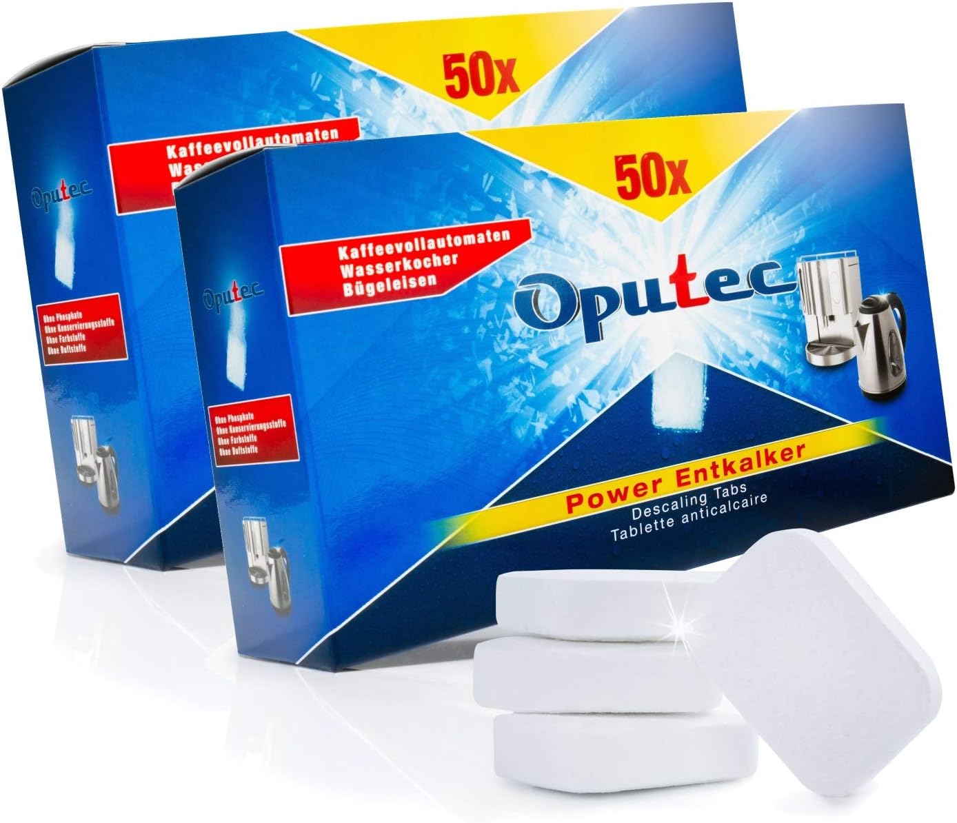 100x Oputec Kaffeemaschinen Entkalker Tabs: Für Kaffeevollautomaten, Espressomaschinen, Wasserkocher | 2x50 Power Entkalker-Tabletten | Geeignet für Jura, Senseo, Siemens, Tassimo, Delonghi u.v.m.