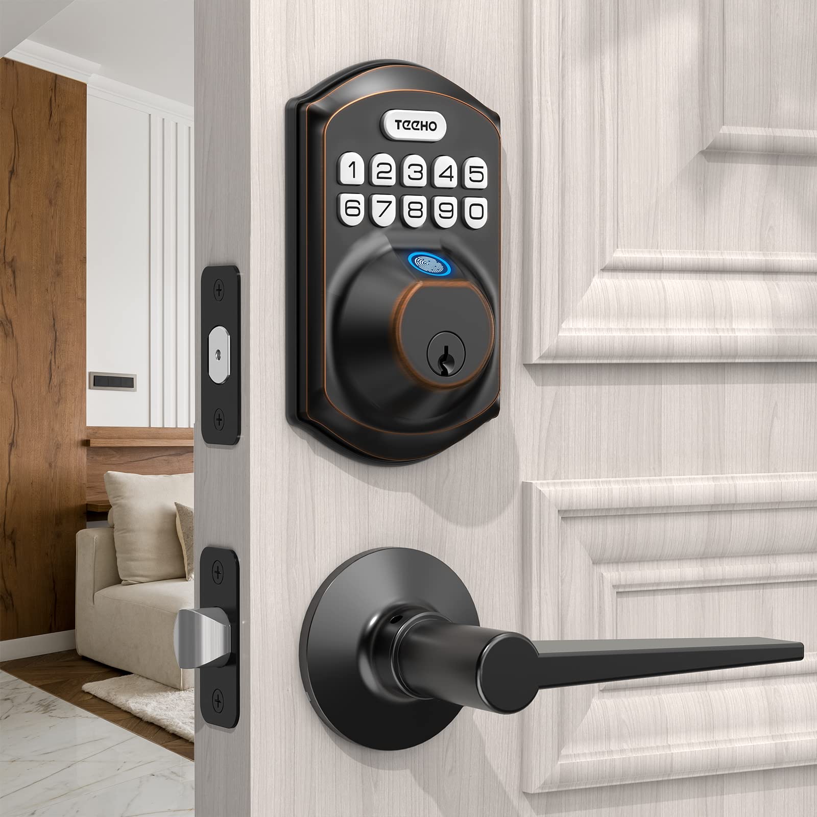 Photo 1 of TEEHO TE002L Fingerprint Door Lock with 2 Lever Handles, Keyless Entry Deadbolt with Handle Set, Electronic Keypad Deadbolt for Front Door, Auto Lock and 1 Touch Locking, Oil Rubbed Bronze