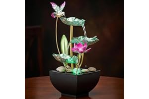 Tabletop Water Fountain with Lights, 3-Tiers Leaf Desk Waterfall with Rocks, Indoor Water Fountains for Home, Office, Bedroom