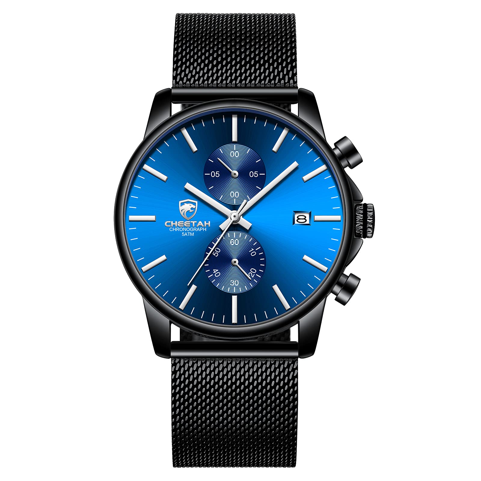 GOLDEN HOUR Men’s Watch Fashion Sleek Minimalist Quartz Analog Mesh Stainless Steel Waterproof Chronograph Watches (Dark Blue)
