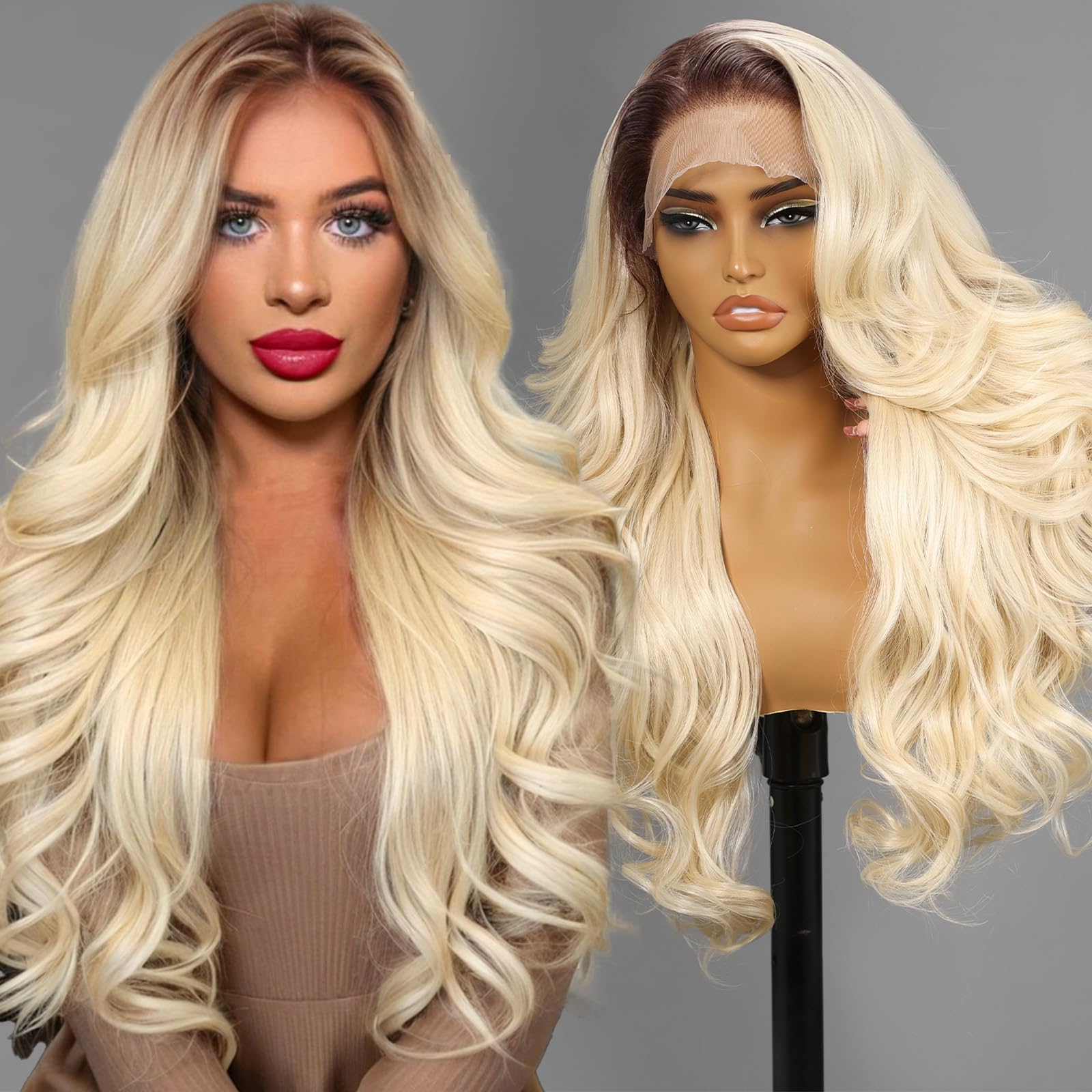 Photo 1 of KOME Ombre 613 Blonde Synthetic Lace Front Wig,13×6 Blond Body Wave HD Lace Glueless Wig for Women Daily Use 26IN