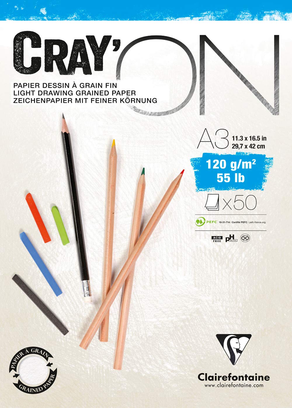 Clairefontaine - Ref 975021C - Cray'On White Glued Sketch Pad (50 Sheets) - A3 (29.7 x 42cm) Size, 120gsm 100% Cellulose Paper, Grained One Size & Smooth Other Side