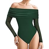 MANGOPOP Women's Off The Shoulder Long Sleeve Bodysuit Sexy Sheer Mesh Top Double Lined Body Suits Fall Outfit 2025