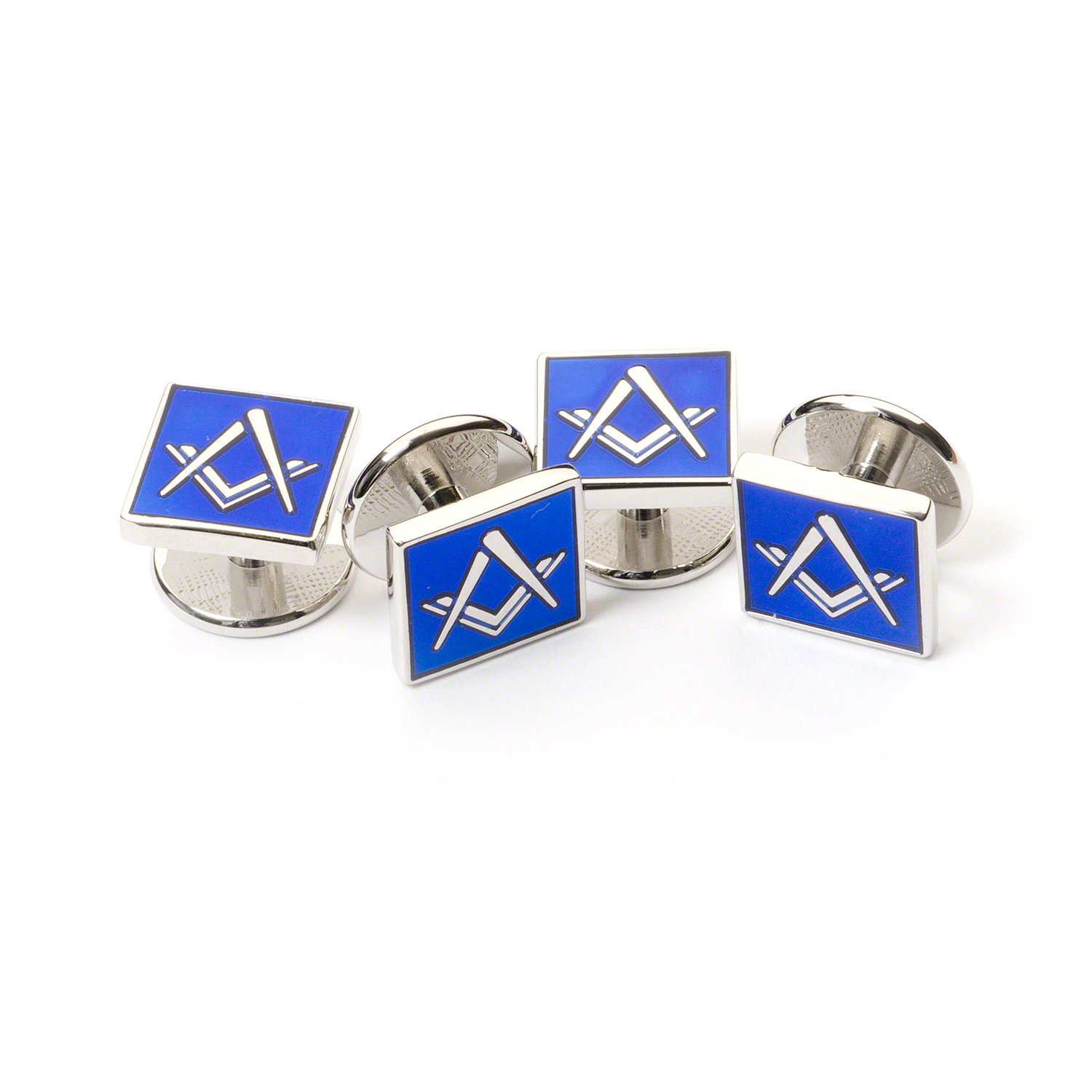 THE MASONIC COLLECTION - Square and Compass Blue Dress Shirt Studs - Rhodium & Silver Plated - Set of 4 Studs - Arrive in Cufflink Box - Freemason Gift for Men