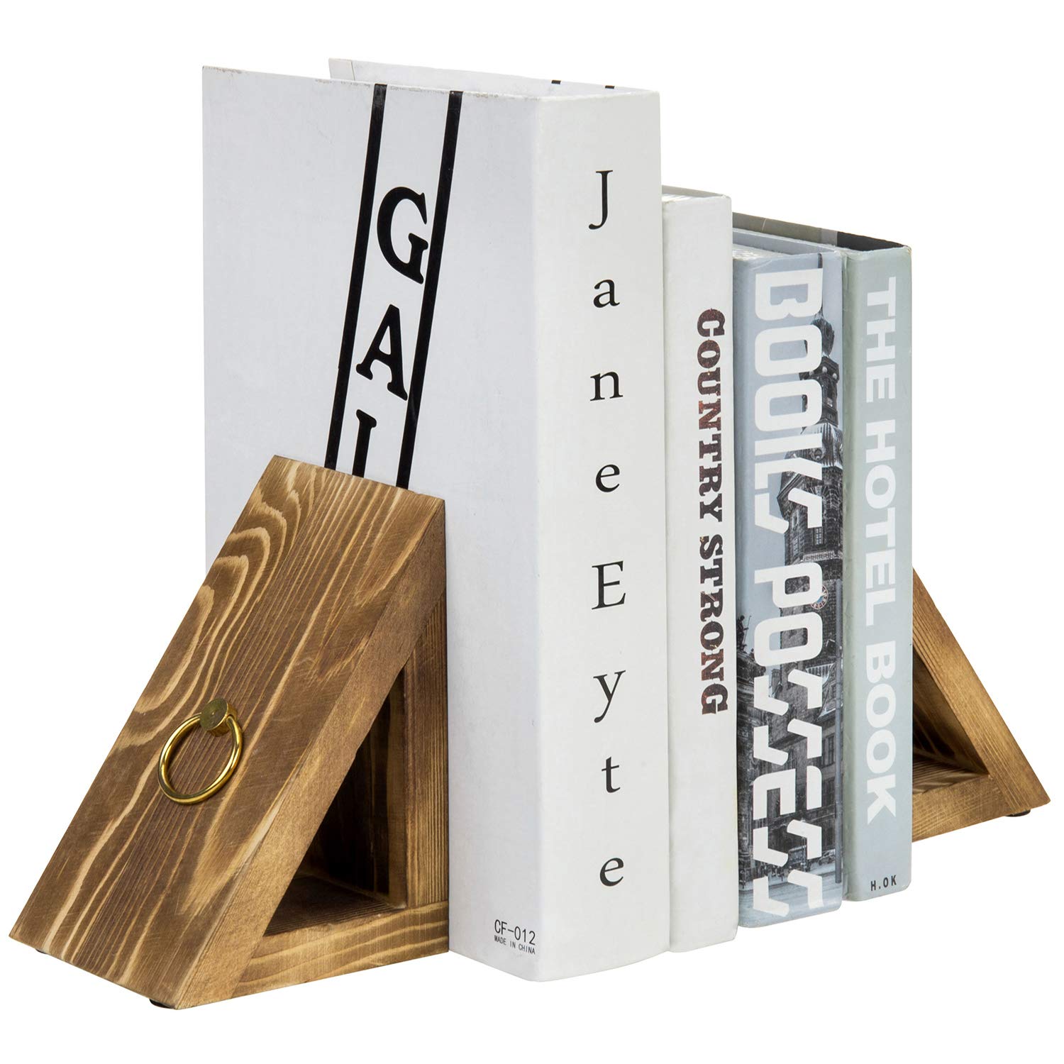 Photo 1 of MyGift Rustic Burnt Wood Decorative Bookends with Triangular Design, Office Desk Wooden Bookend Book Stand with Brass Tone Ring Accent, 1 Pair