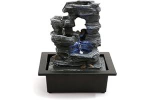 POWLAB Indoor Fountain - Elegant Resin Design with Natural Rock-Like Texture for Home Office Decor Relaxation, Desktop Fountain with Soothing LED Light, 9.06''x6.89''x10.24'' Indoor Waterfall Feature