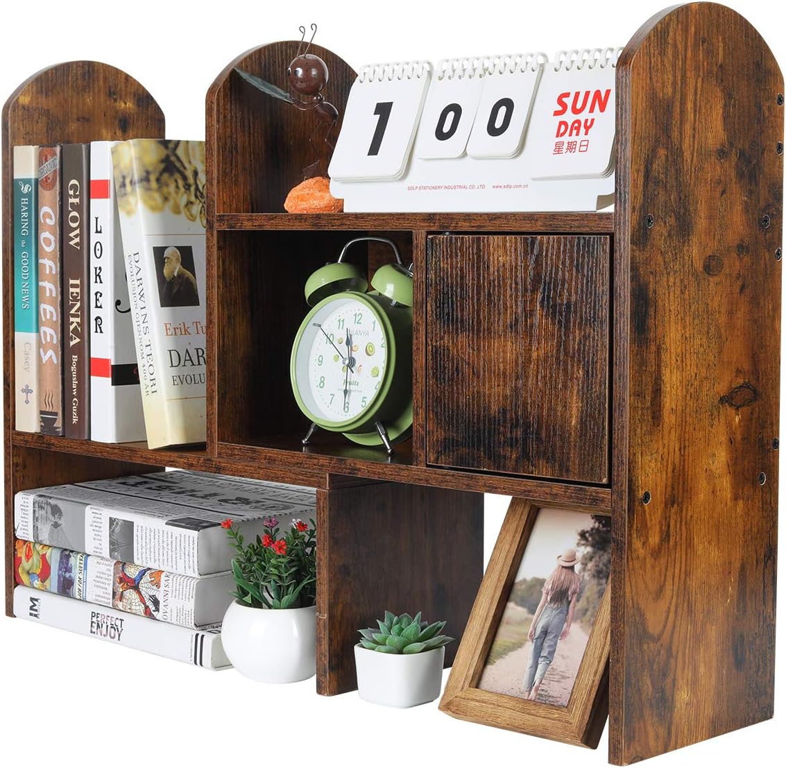 PAG Adjustable Desktop Shelf Countertop Bookshelf Bookcase Wood Desk Organizer Office Supplies and Accessories Storage Display Rack, Antique Brown : Office Products