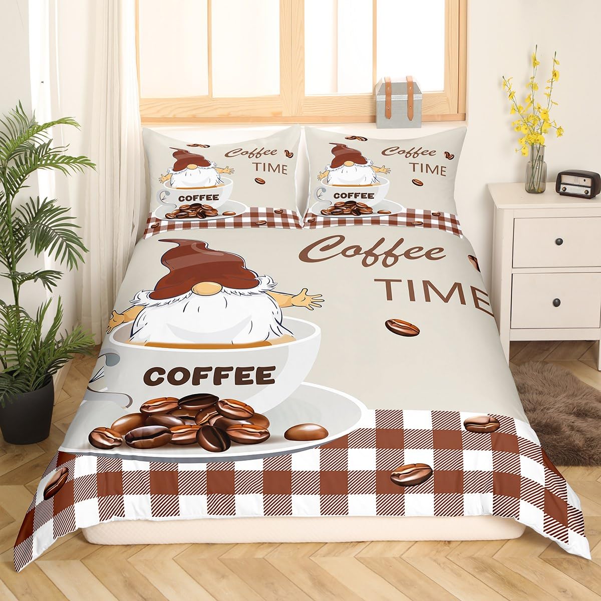 Manfei Cute Gnome Kids Duvet Cover Set King Size, Coffee and Cup Comforter Cover, Brown Plaid Print Bedding Set for Boys Girls Adults Bedroom Decor, Lightweight Bedspread Cover, 2 Pillowcases — image 1