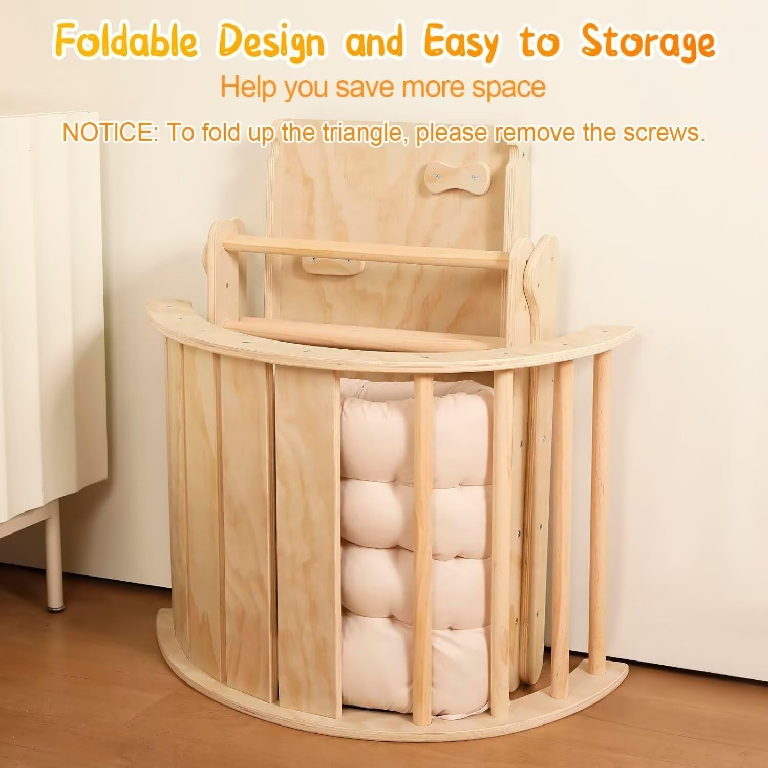 Pikler Triangle Set with Cushion, 7 in 1 Toddler Climbing Toys Indoor, Montessori Foldable Climbing Set, Wooden Climbing Toys for Toddlers Inside with Ramp, Arch and Ladder (Nature Wood)