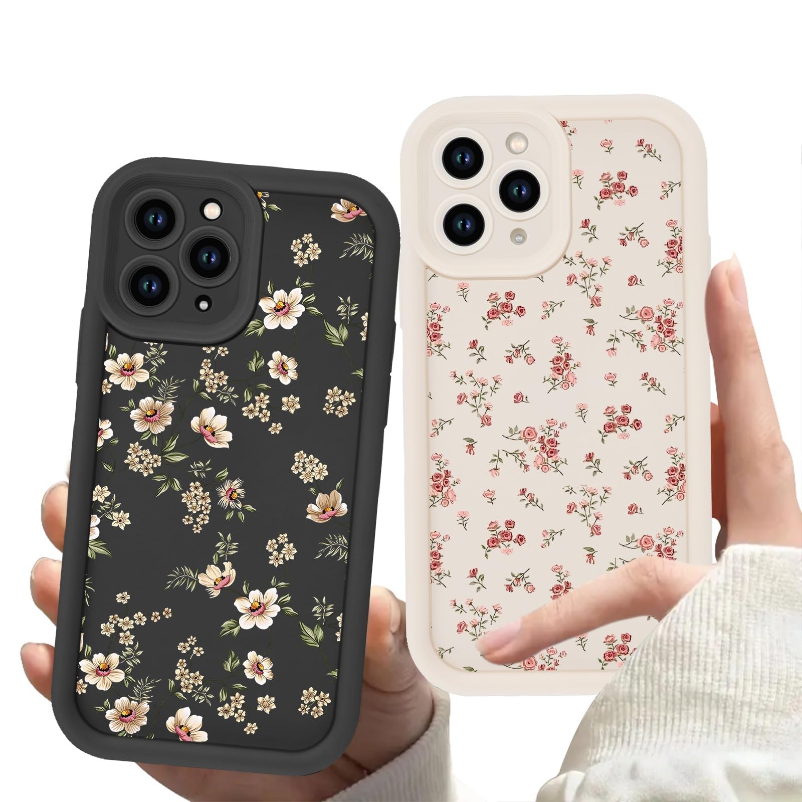 Zrutru 2 Pack Flower Phone Case for iPhone 13 Pro 6.1",Cute Floral Print Cases Unique Plant Design Pattern for Women Girls Teens,Soft TPU Shockproof Protective Cover for iPhone 13 Pro,Beige Black