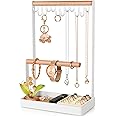 PAMANO Jewelry Organizer with Velvet Ring Holder, 3-Tier Necklace Stand Wooden Earring Tray, 12 Hooks Bracelet Hanging Display Rack for Earrings Rings Watches Storage