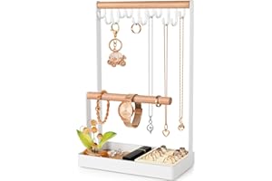 PAMANO Jewelry Organizer with Velvet Ring Holder, 3-Tier Necklace Stand Wooden Earring Tray, 12 Hooks Bracelet Hanging Display Rack for Earrings Rings Watches Storage