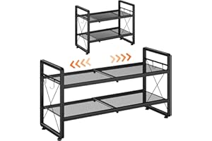 ELYKEN Shoe Rack, 2-Tier Expandable Shoe Organizer for Entryway, Metal Black Shoe Shelf with 4 Hooks, Ajustable Shoe Stand Ho
