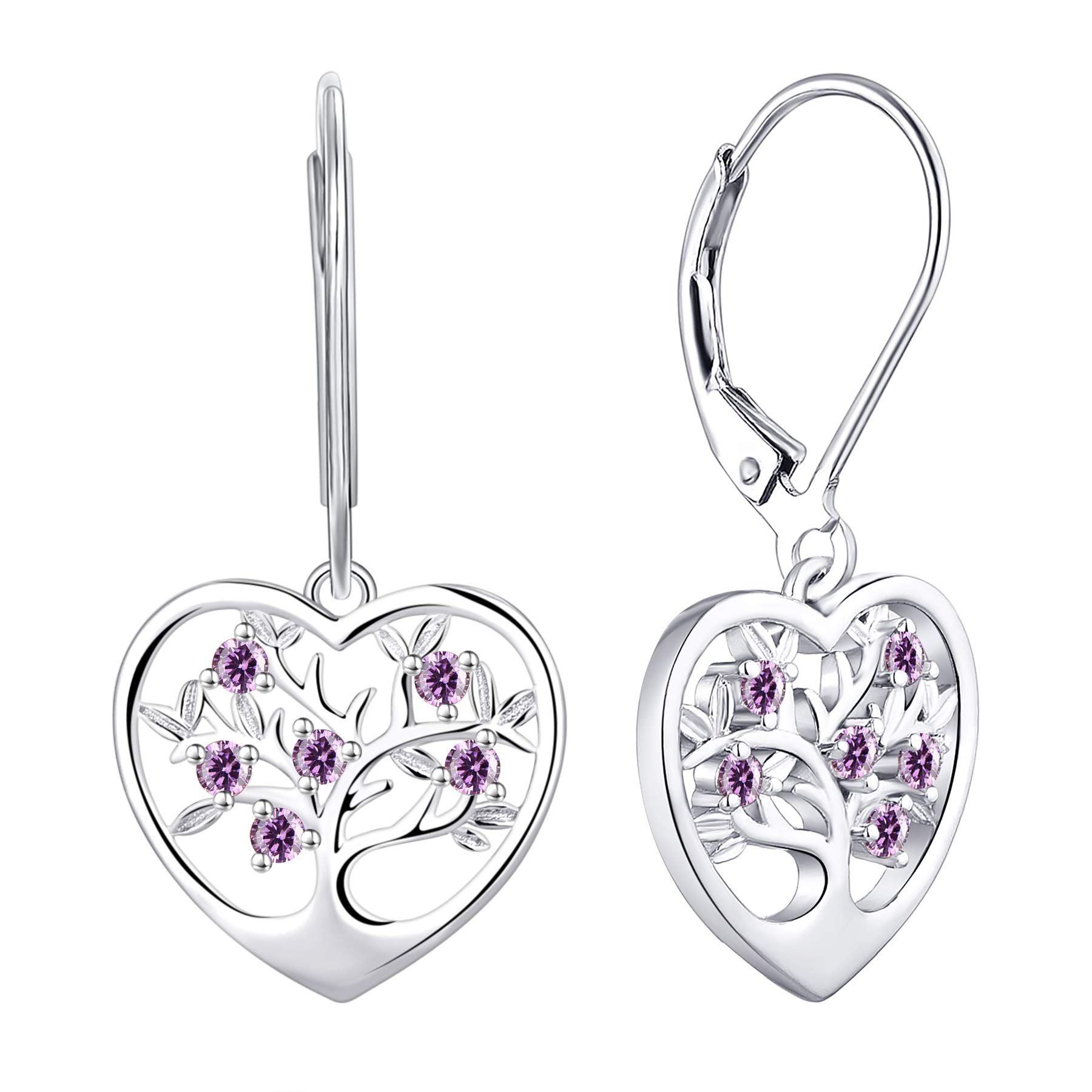 JO WISDOM Women Earrings,925 Sterling Silver Family Heart Tree of Life Leverback Drop & Dangle Earrings with 3A Cubic Zirconia February Birthstone Amethyst Color — image 1