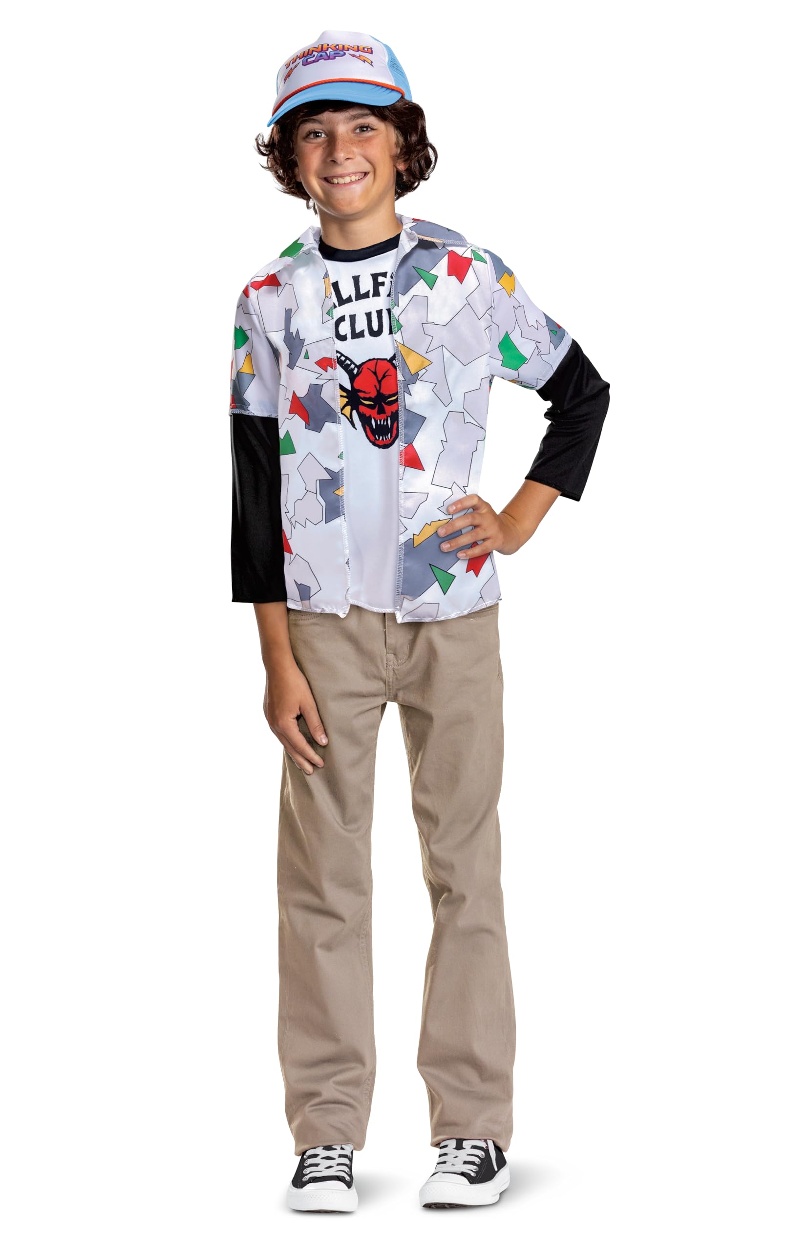 Stranger Things Dustin Costume for Kids and Teens, Officially Licensed by Disguise, Includes Shirt with Attached Faux Hellfire Club Tee and Cap, For Ages 7-8, 10-12 & 14-16 years