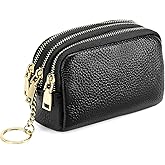 SENDEFN Small Coin Purse Leather 3 Zippered Change Pouch Wallet with Key Ring for Women