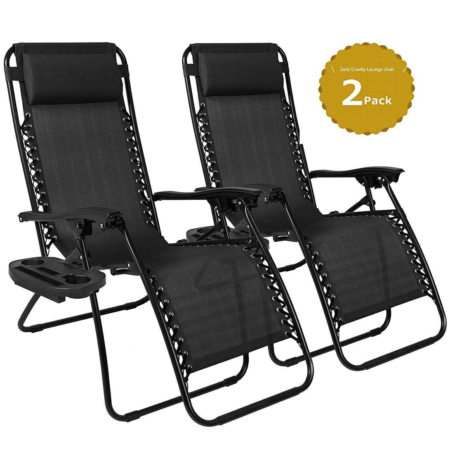 Promotions Techstyleuk Set Of 2 Black Heavy Duty Textoline Texteline Zero Gravity Chairs With Cup And Phone Holder Garden Outdoor Patio Sun Loungers Folding Reclining Chairs Lounger Deck Chairs