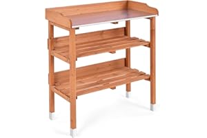 OFFICEJOY Outdoor Potting Bench, 3 Tier Wooden Garden Workstation Table w/Iron Tabletop, 2 Wood Shelf, 5 Hooks, Multifuction Work Station Table Rack for Garden, Backyard, Kitchen, Garage (Deep Oak)