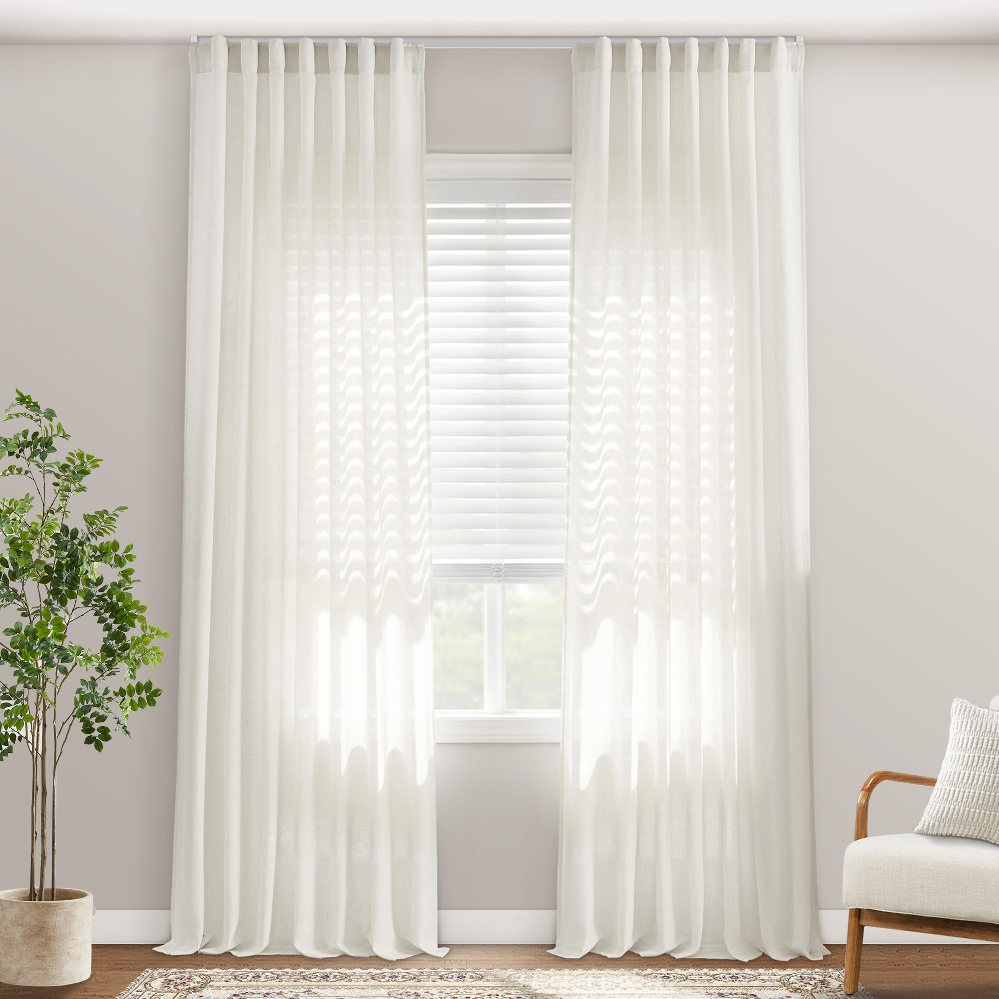 Photo 1 of 102 Inch Long Linen Cotton Blend Curtains, Light Filtering Semi Sheer Ripple Fold Hooks Belt Curtains for Track System Living Room Bedroom 2 Panels Set