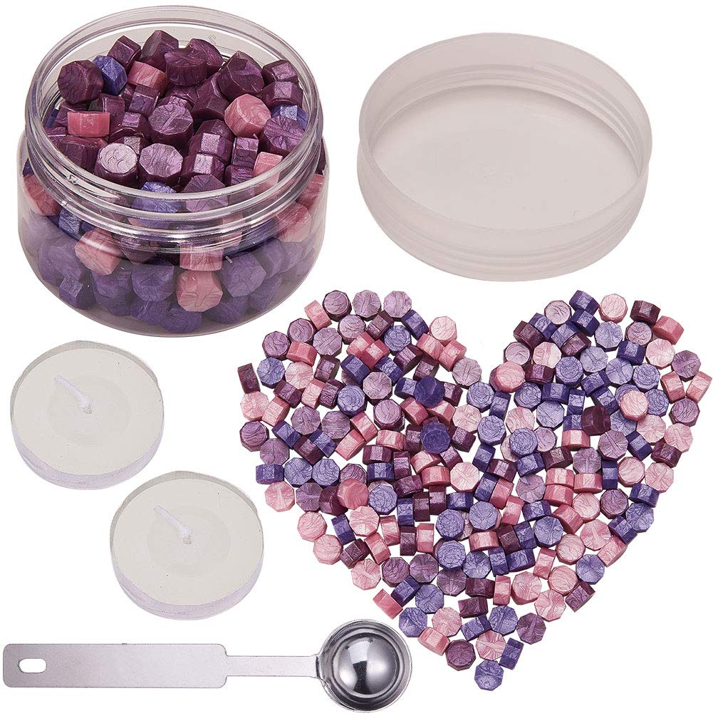 CRASPIRE Wax Seal Beads Pink Purple Wax Sealing Beads with 2PCS Candles and Wax Melting Spoon for Wedding Invitation Card Gift Envelope Sealing