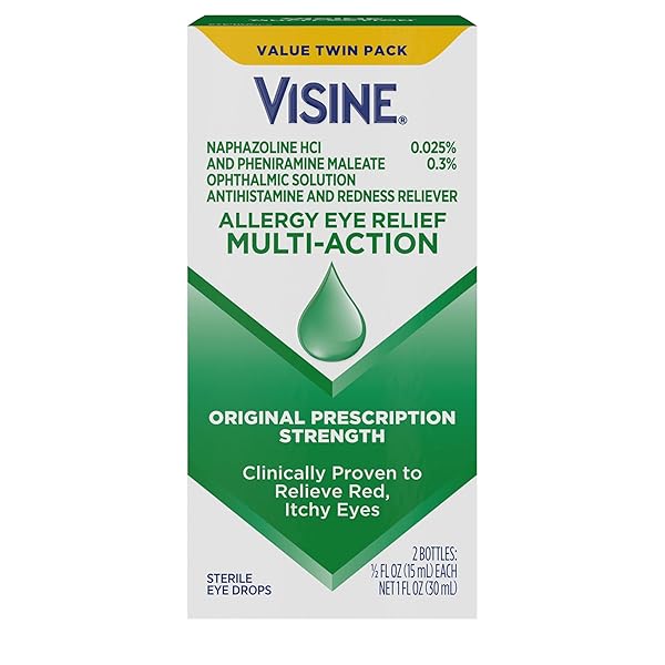 VISINE ALLERGY EYE RELIEF MULTI-ACTION ANTIHISTAMINE & REDNESS RELIEVER EYE DROPS WITH PHENIRAMINE MALEATE & NAPHAZOLINE HCL, EYE DROP TREATMENT FOR RED, ITCHY, ALLERGY EYES, 0.5 FL. OZ, 2 PACK