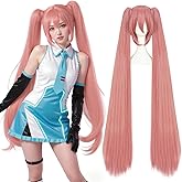 ANOGOL Hair Cap+ 48inch/120cm Long Pink Wig with Double Ponytails Salmon Pink Lolita Wigs with Bangs Pigtail Wigs for Anime Cosplay Long Straight Synthetic Hair Halloween Costume Themed Party