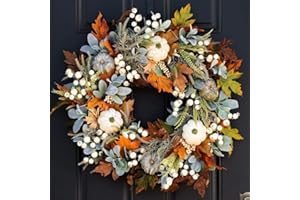 GIGAWOOD Artificial Fall Wreaths for Front Door Rustic Autumn Wreath with Pumpkin,Rose,Berry Branchesm,Mixed Leaves Thanksgiving Wreath Fall Door Wreath for Halloween Thanksgiving Indoor Outdoor Decor (A)