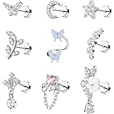 LOLIAS 16 Gauge Cartilage Earrings Helix Earrings for Women Stainless Steel Helix Piercing Jewelry Leaf Butterfly CZ Studs Flat Back Cartilage Earrings Set 9Pcs