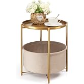 danpinera Gold Side Table with Basket, Small Round Table for Living Room | Metal Modern Nightstand for Small Space, Bedroom, Nursery, Accent Metal Stand with Removable Serving Tray, 20.47 in Tall