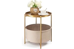 danpinera Round Side Table with Fabric Storage Basket, Metal Side Small Bedside Table Nightstand with Removable Tray Top for Living Room, Bedroom, Nursery, Bathroom, Gold