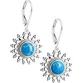 Natural Round Stone Sun Flower Drop Earrings,925 Sterling Silver Real Genuine Crystal Quartz Gemstone Dangle Dangling Statement Earrings Jewelry for Women Her