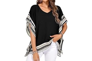 Falechay Women's Casual V Neck Floral Tops Batwing Sleeve Blouse Loose Fitting Shirts Boho Flowy Side Slit Tees