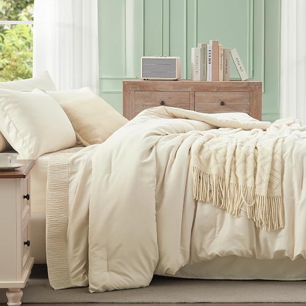 ANLUOER CREAM QUEEN COMFORTER SET 7 PIECES, BED IN A BAG WITH SHEETS, ALL SEASON BEDDING SETS WITH 1 COMFORTER, 2 PILLOW SHAMS, 2 PILLOWCASES, 1 FLAT SHEET, 1 FITTED SHEET