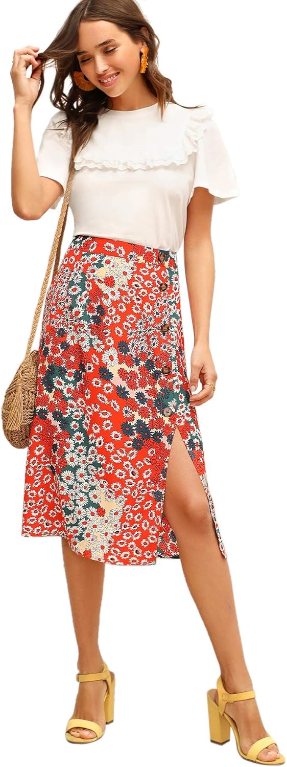 Floerns Women's Boho Floral High Waist Split A Line Midi Skirt at  Women’s Clothing store