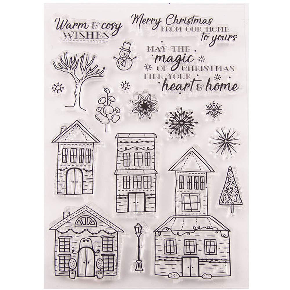 arriettycraft Merry Christmas Sparkles Christmas House Snowflakes Rubber Clear Stamp for Card Making Decoration and Scrapbooking