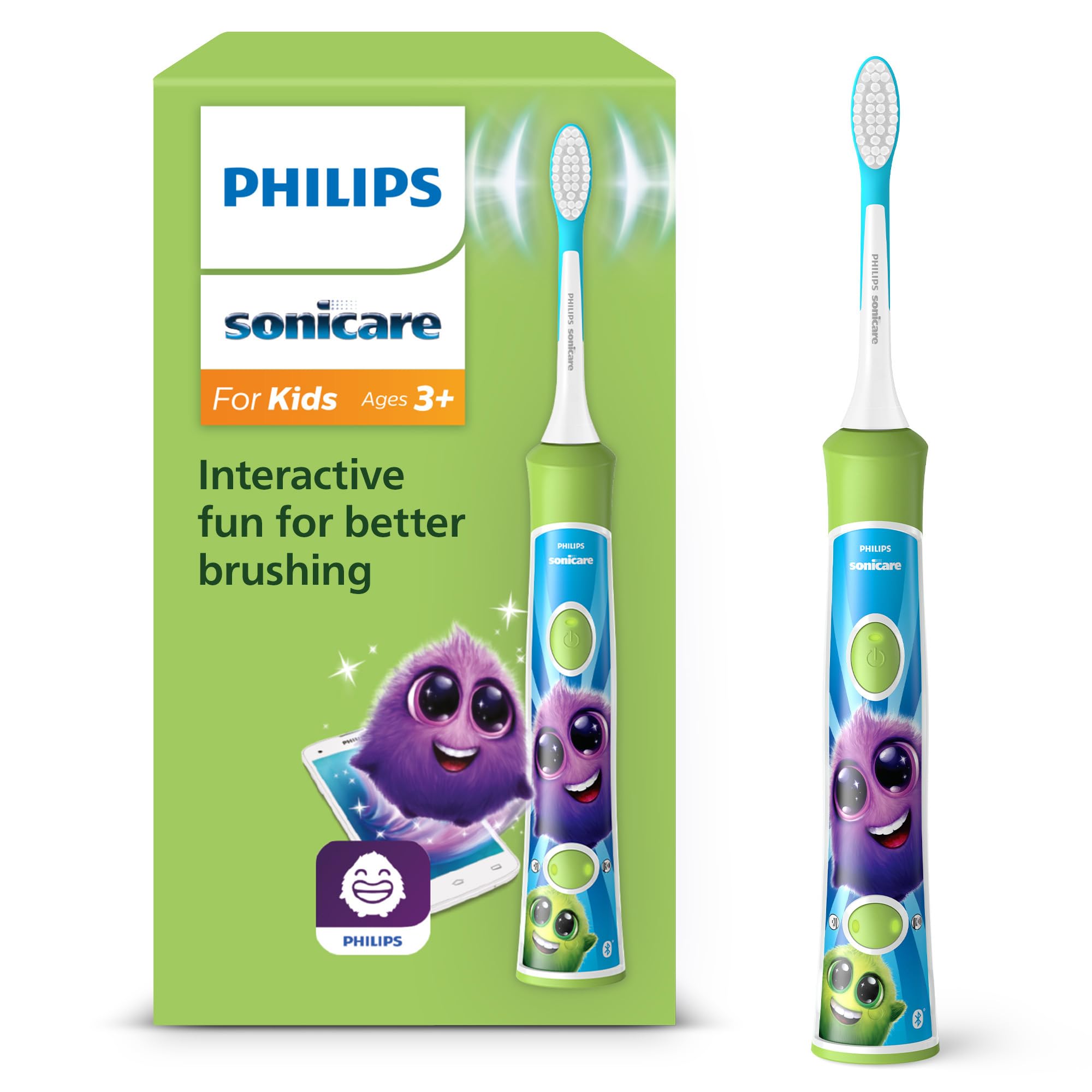 Philips Sonicare For Kids, elektrische Schallzahnbürste mit App, für Kinder ab 3 Jahren, mit SmarTimer und QuadPacer für eine gründliche Reinigung, Grün, Modell HX6352/11