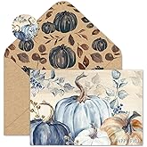 Whaline 50 Pack Fall Thank You Cards Bulk Boxed Vintage Blue Pumpkin Greeting Cards with Envelope Sticker Blank Note Cards for Autumn Thanksgiving Wedding, 4 x 6 Inch