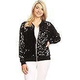 Anna-Kaci Womens Sequin Long Sleeve Front Zip Jacket With Ribbed Cuffs Bomber for Party
