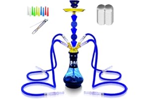 IMPACHETA Hookah Set With Everything 4 Hose 22" Premium Hookah Shisha set with Glass Vase, Ceramic Bowl and Coal Tongs Ashtray 100 Disposable Tips 50 Pre-Punched Aluminum Foil (1Blue)
