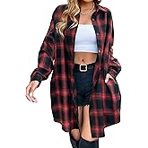 Bozanly Women's Oversized Button Down Long Plaid Flannel Shirts Lapel Long Sleeve Check Jacket Shacket
