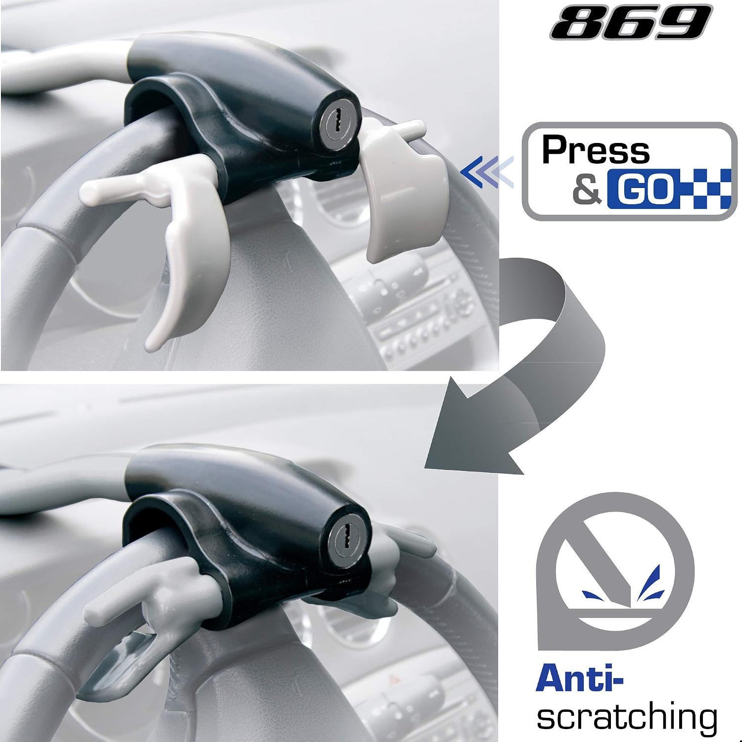 Artago 869 High-End Steering Wheel Lock, Extra Security Around The Spoke, Press & Click Locking More Practical - Image 4