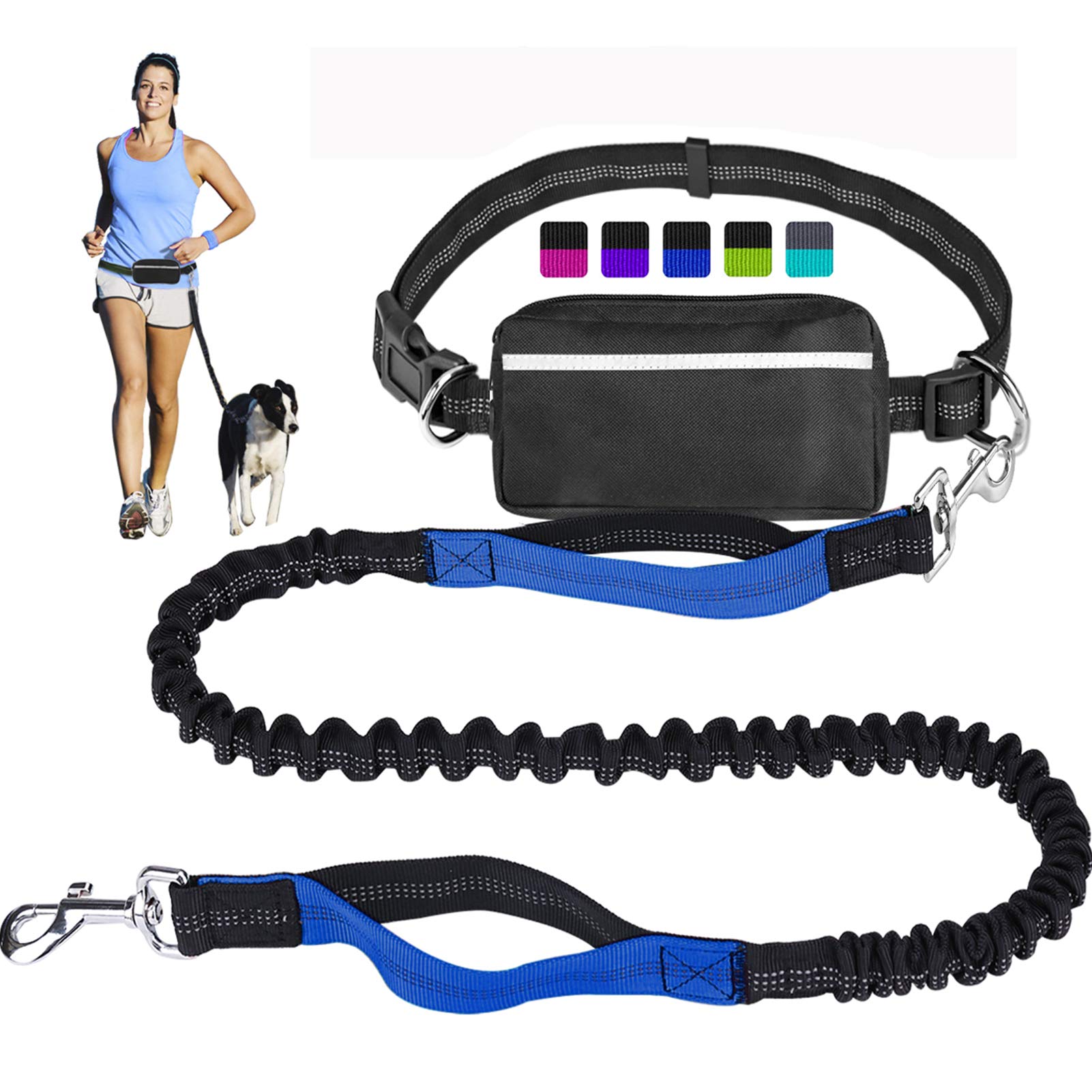 Hands Free Dog Leash for Running Walking Training Hiking, Dual-Handle Reflective Bungee, Poop Bag Dispenser Pouch, Adjustable Waist Belt, Shock Absorbing, Ideal for Medium to Large Dogs (Black Blue)