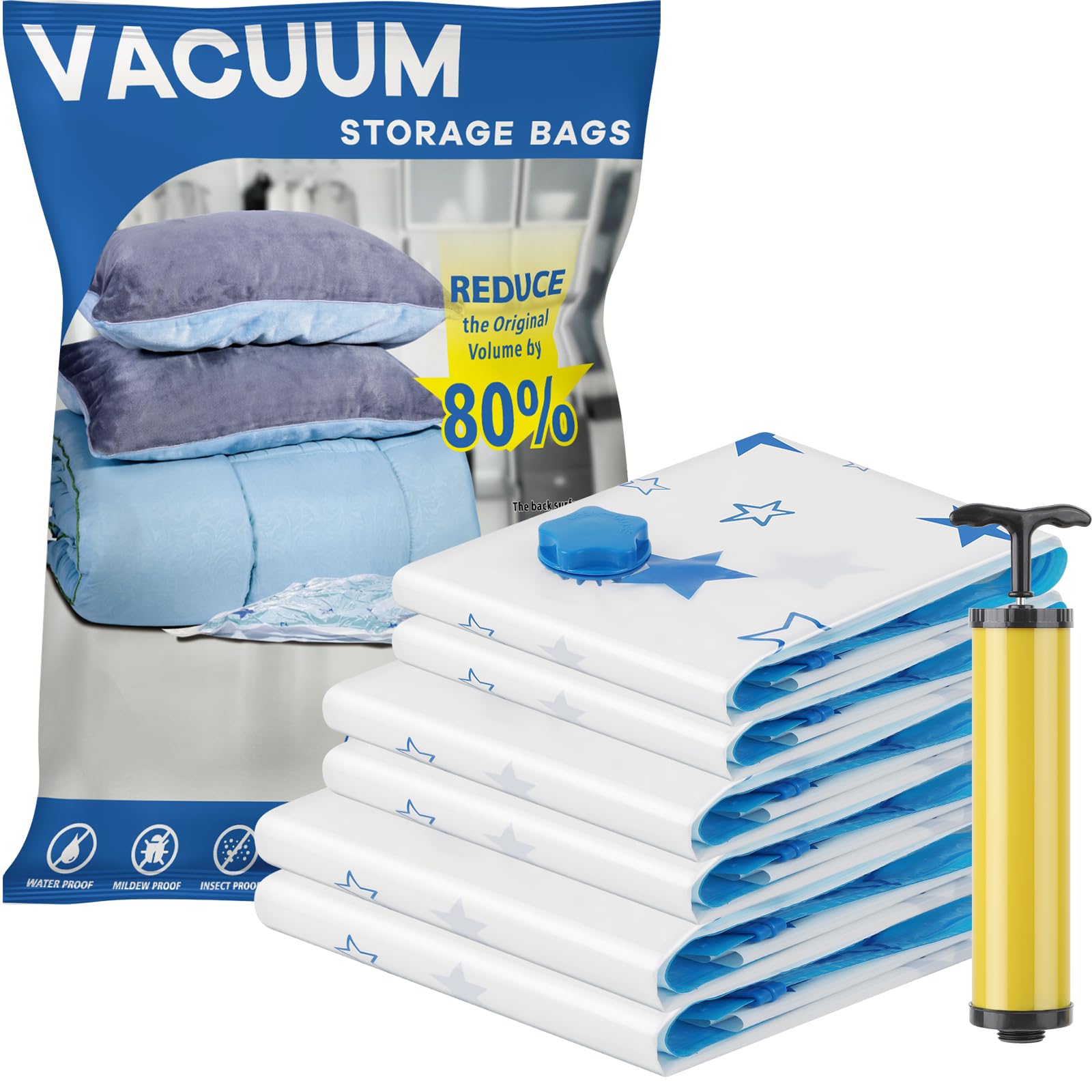 UOUNE Vacuum Storage Bags, 6 Combo (2 Jumbo, 2 Large, 2 Medium) Reusable Space Saver Bags Vacuum Compression Zipper Storage Bags with Airtight Valve and Hand Pump,Work with Vacuum Cleaner